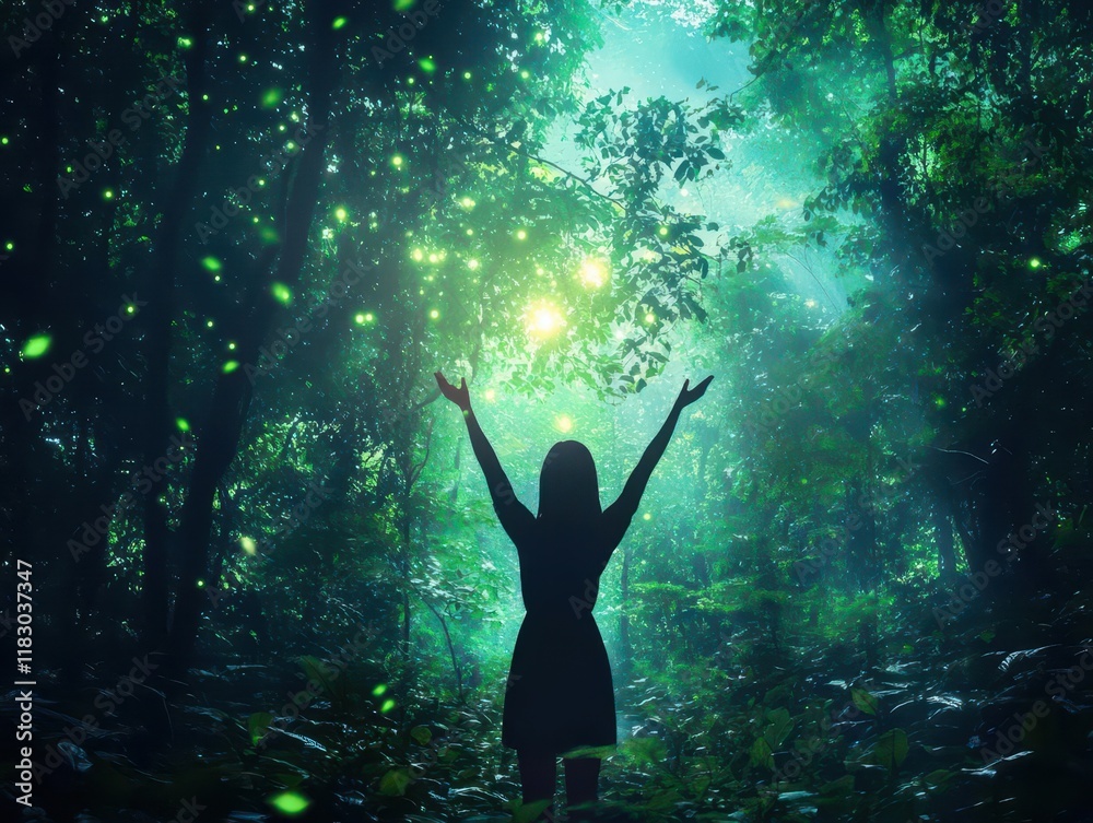 Naklejka premium A figure dances with an ethereal glow in a misty forest, bathed in soft twilight, captured from a low angle