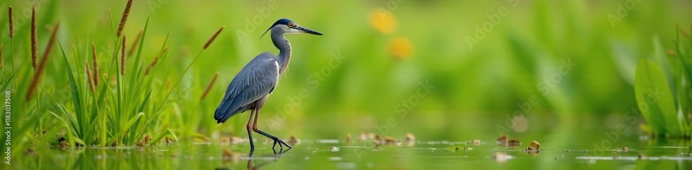 Naklejka premium Little blue heron wading through tall grasses searching, nature, feathers, heron