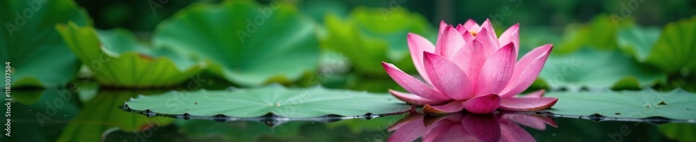 Lotus flower blooms in calm lake with green aquatic leaves, calm, waterfeature Lotus flower blooms in calm lake with green aquatic leaves, calm, waterfeature