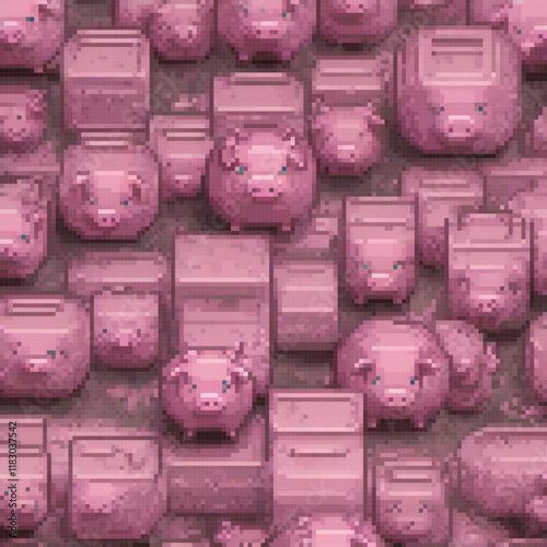 Pixel art of adorable pink pigs in a cozy stack.