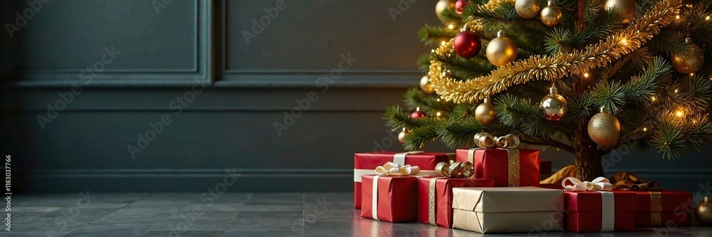 Luxurious Christmas tree with shimmering gold and silver garlands, presents, tree