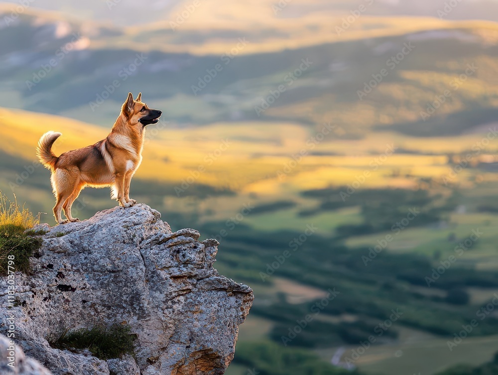 A German shepherd standing proudly on a rocky cliff overlooking a valley, dramatic golden sunlight A German shepherd standing proudly on a rocky cliff overlooking a valley, dramatic golden sunlight