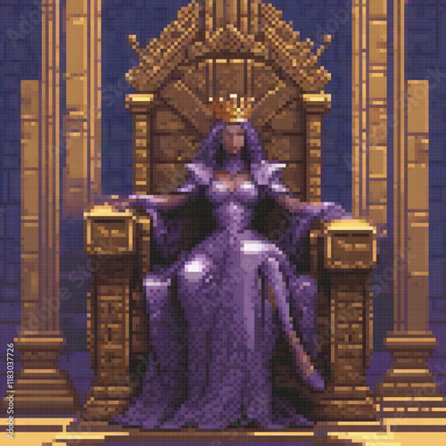 Vintage pixel art of a regal woman in a purple gown perched on a majestic throne.