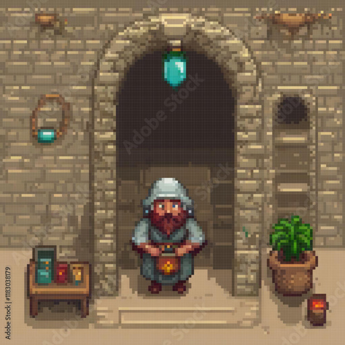 Pixel art dungeon scene with a man in a dark, eerie environment.