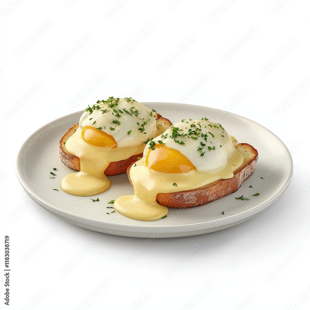 a plate of eggs Benedict, classic brunch dish, 3D realistic rendering, soft golden hues, isolated on white background a plate of eggs Benedict, classic brunch dish, 3D realistic rendering, soft golden hues, isolated on white background