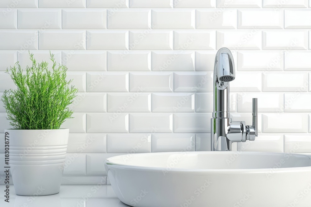 Modern Bathroom Design Featuring Sleek Sink and Faucet with Green Plant in White Pot Against Stylish Subway Tile Background for a Fresh Look