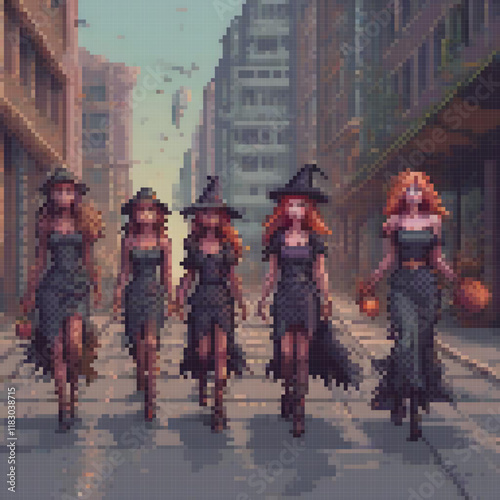 Enchanting pixel witches stroll through a bustling city street.