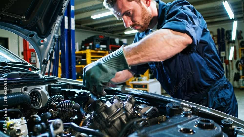 A dedicated mechanic in a blue uniform fixing a car engine in a professional workshop A dedicated mechanic in a blue uniform fixing a car engine in a professional workshop