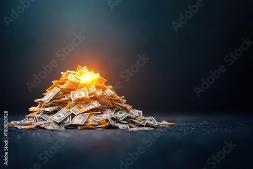 A mountain of cash with a golden glow, surreal and exaggerated composition, cinematic background photo