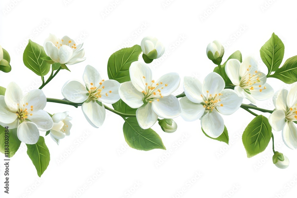 Naklejka premium Delicate white blossoms branch, green leaves, isolated. Perfect for spring themes, cards, or nature designs.
