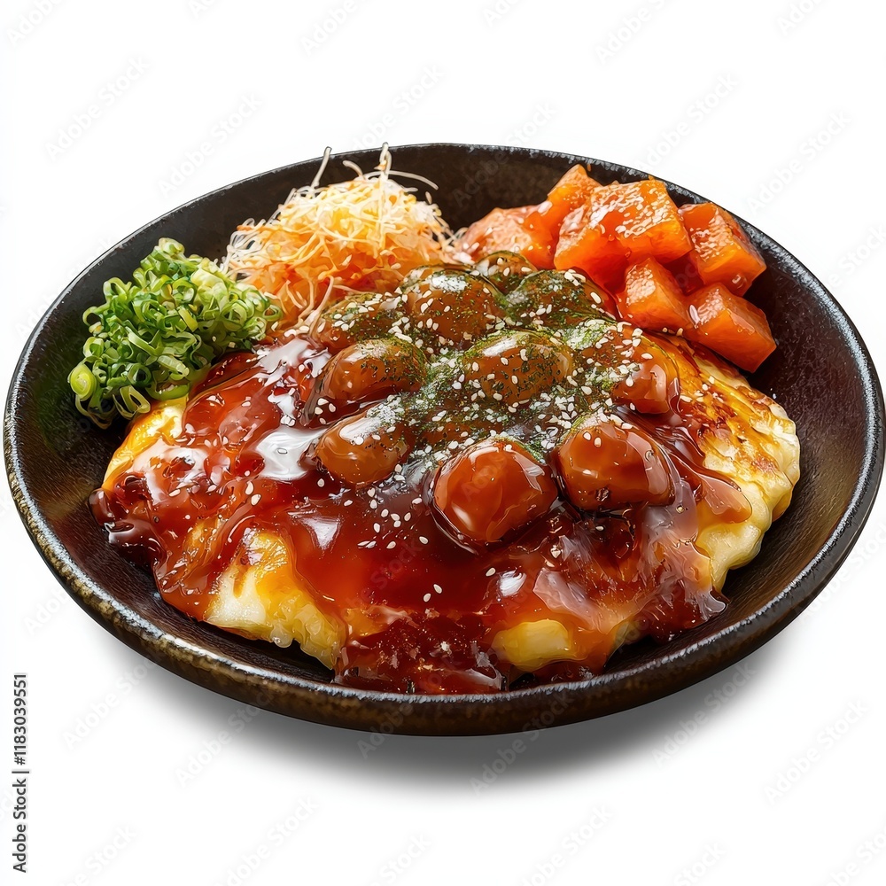 a plate of okonomiyaki, savory pancake, realistic 3D rendering, vibrant toppings, isolated on white background a plate of okonomiyaki, savory pancake, realistic 3D rendering, vibrant toppings, isolated on white background