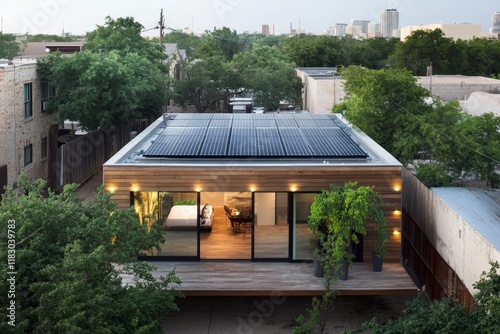 Modern Eco-Friendly House with Solar Panels Surrounded by Lush Greenery in Urban Environment Highlighting Sustainable Living and Contemporary Architecture