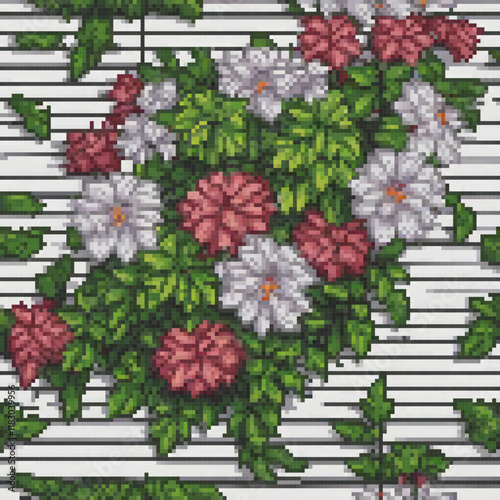 Stunning pixel art cross stitch flowers on vibrant striped background.