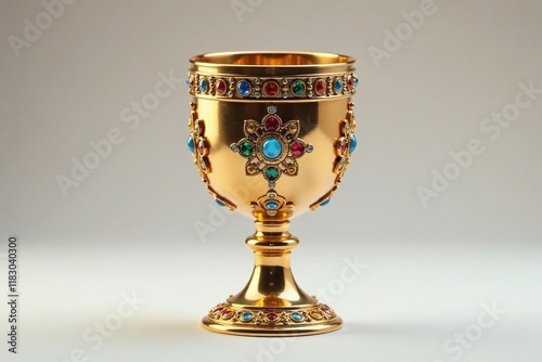 The luxurious golden cup is embellished with colorful gemstone inlays showcasing exceptional craftsmanship, high-end, ceremonial