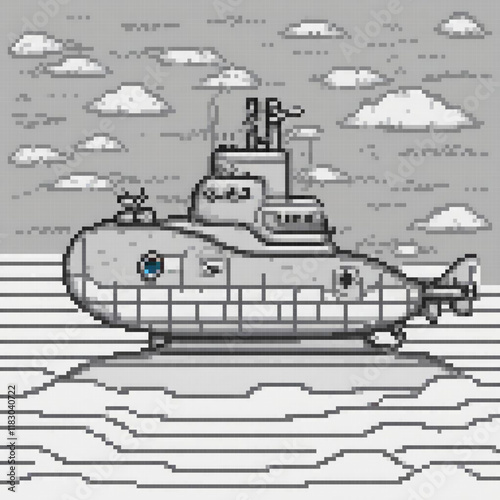 Pixel art submarine in ocean with cloudy skies