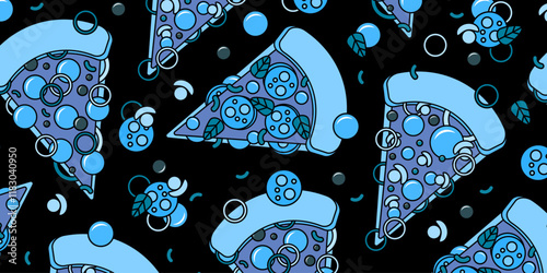 Pizza backdrop. Cartoon slice of pizza pattern on black background. Pizza with sausage, mushrooms, tomatoes and cheese. Vector illustration EPS 10