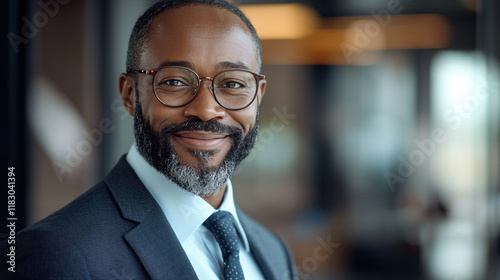 Confident professional man smiling in a modern office setting during daytime hours
