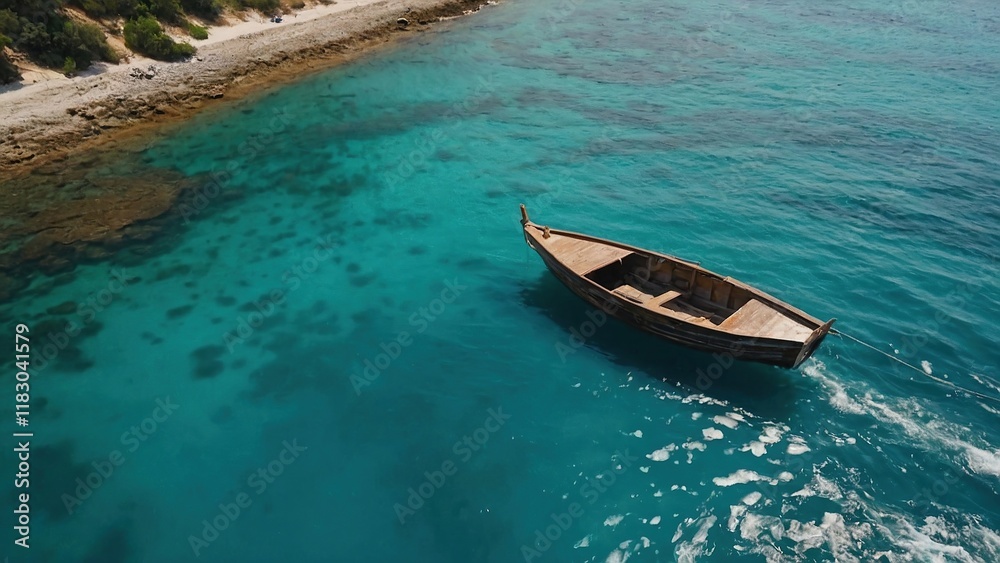 Fototapeta premium Top view of the sea and fishing, wooden boats.