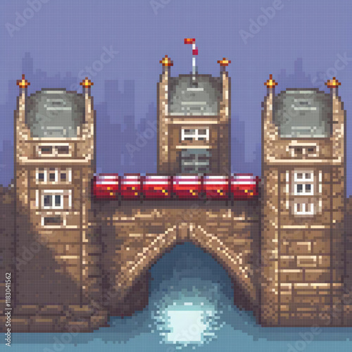 Pixel art depicting a charming bridge spanning a serene river.