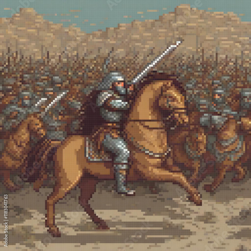 Pixel art cross stitch knight on horseback pattern