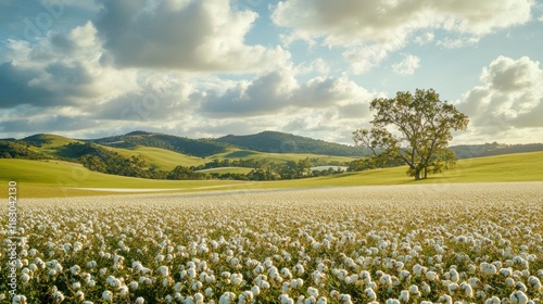 A vast field of cotton plants under a partly cloudy sky, with rolling hills in the background. photo