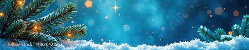 Winter wonderland on a blue background with pine branches and golden stars, Christmas theme, winter wonderland, blue backdrop photo