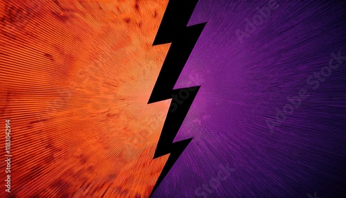 Abstract art with a bold lightning bolt splitting vibrant orange and purple.