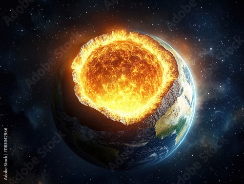 Cross Section of Earth's Core and Layers in Space with Glowing Molten Inner Core and High Contrast Composition