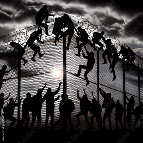 Refugees are fleeing across the border. Black and white image. In Search of a Better Life