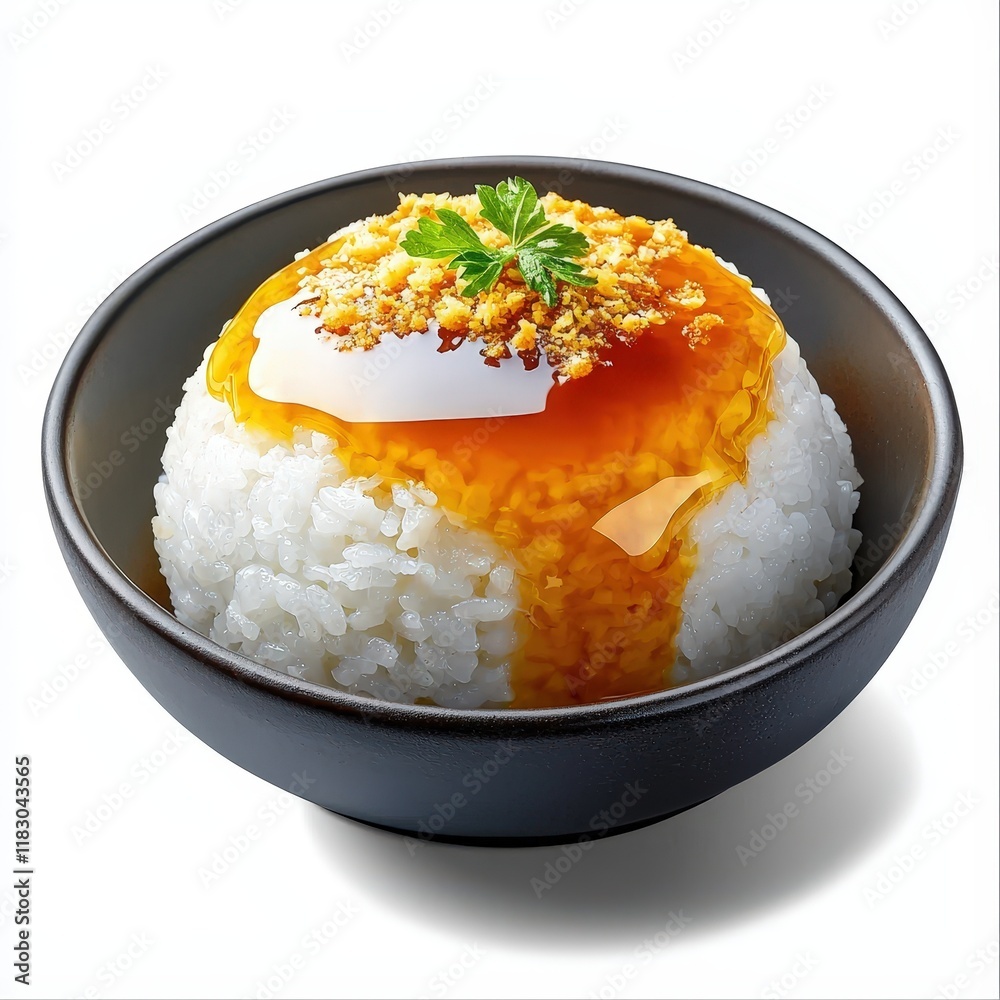 a serving of sticky rice with custard, Thai dessert, hyper-realistic digital art, warm earthy tones, isolated on white background