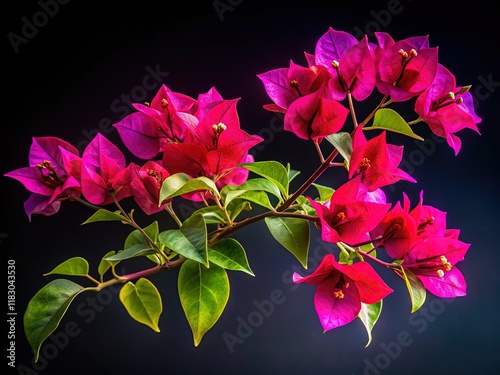 Isolated Bougainvillea Branch, Night Photography, White Background, Vibrant Flowers, Tropical Plant