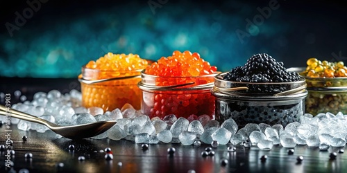 Luxurious Caviar Jars on Ice: Elegant Gourmet Delicacy photo