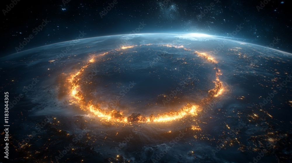 Obraz premium Fiery Ring of Light Surrounding Earth in Space with Stars and Galactic Background