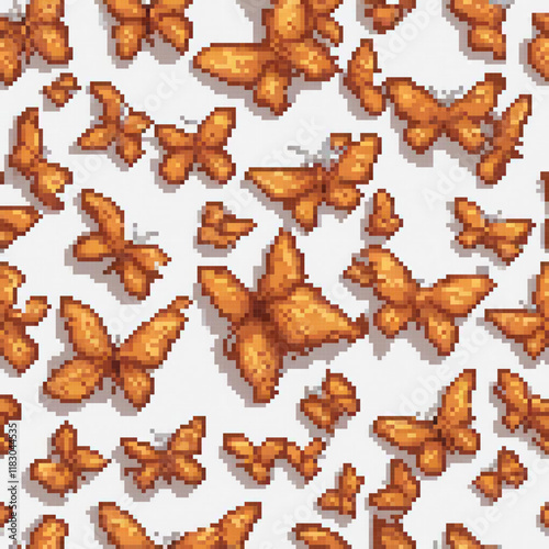 Vibrant pixel art featuring orange butterflies on a pristine white backdrop.