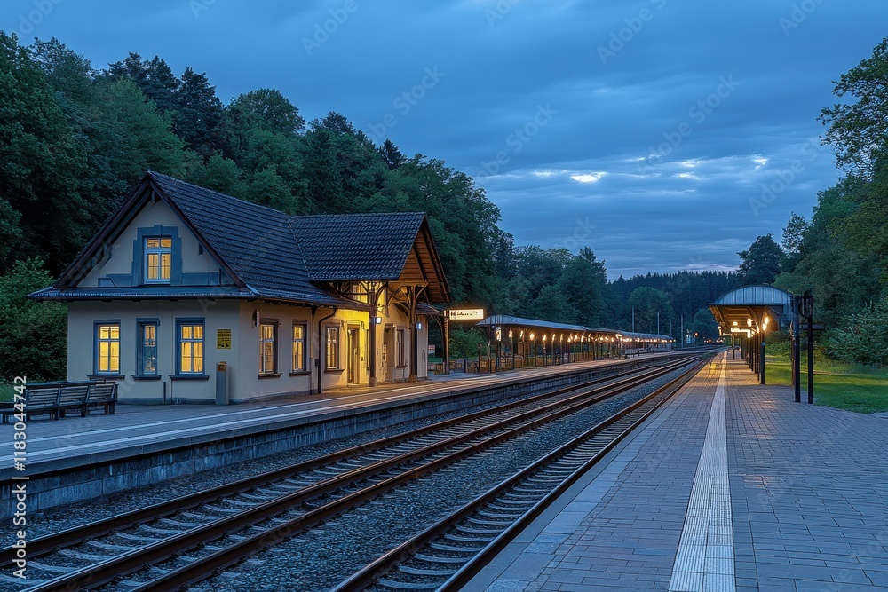 Serene twilight scene at a rural train station. Perfect for travel, transportation, and peaceful themes. Serene twilight scene at a rural train station. Perfect for travel, transportation, and peaceful themes.