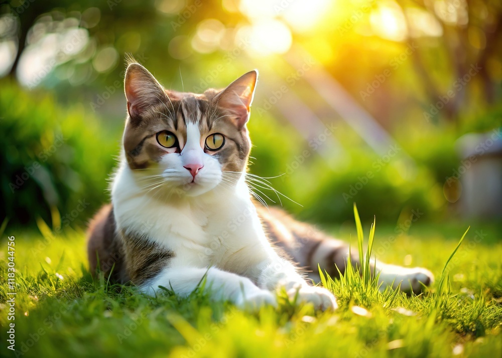 Majestic Grey and White Cat Basking in Sunlight – Aerial View Majestic Grey and White Cat Basking in Sunlight – Aerial View