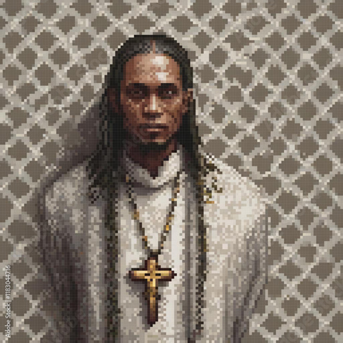 Pixel art of a stylish man with a cross necklace and flowing locks.