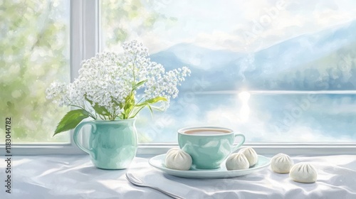 Wallpaper Mural Serene Morning Scene with Coffee, Delicate Flowers, and Sweet Treats Against a Tranquil Landscape Backdrop of Mountains and Water Torontodigital.ca