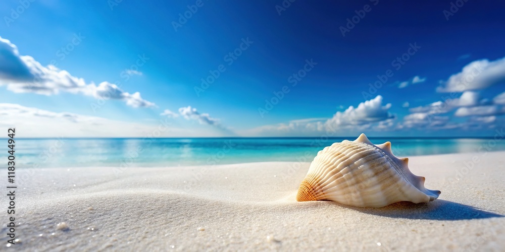 Minimalist Beach: Single Seashell on Pristine Sand, Clear Blue Sky