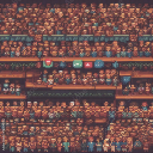 Pixel art of a bustling crowd in a grand auditorium