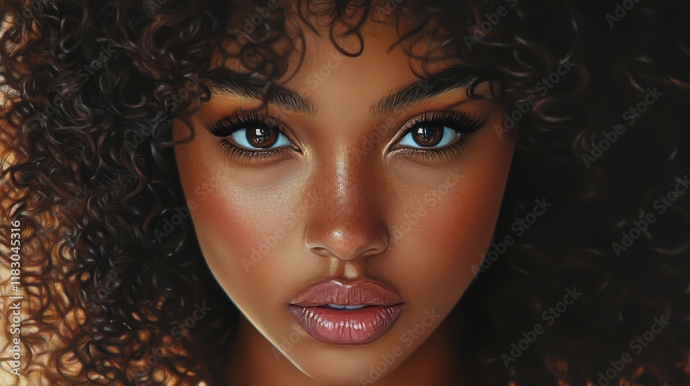 Fototapeta premium Close-up portrait of a woman with dark, curly hair and captivating eyes. Ideal for beauty, fashion, and diversity-focused projects.