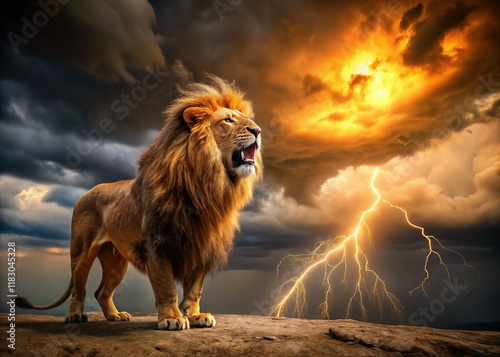 Minimalist Lion Roaring in Stormy Clouds - Fiery Lightning photo