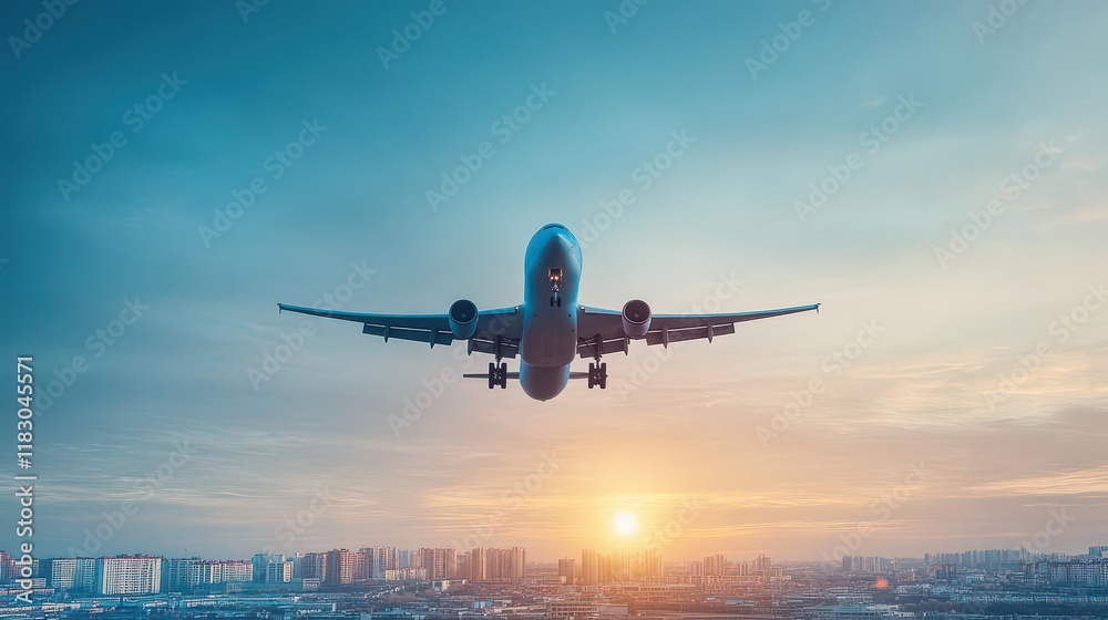 Fototapeta premium Airplane Silhouetted Against Vibrant Sunset Over Bustling Cityscape with Glowing Skyscrapers and Soft Clouds Creating a Dreamy Urban Atmosphere