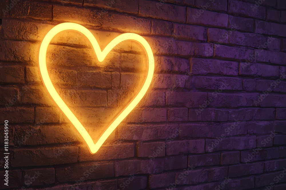 Neon Heart Sign Glowing on Stone Wall for Romantic Atmosphere Neon Heart Sign Glowing on Stone Wall for Romantic Atmosphere