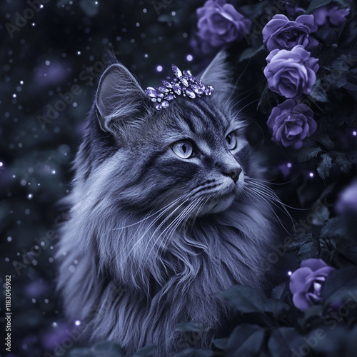 forest norwegian cat and purple roses photo