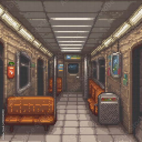 Pixel art of a subway train featuring a couch and trash can.