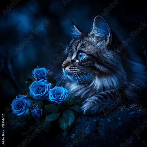 forest norwegian cat and blue roses in nature photo