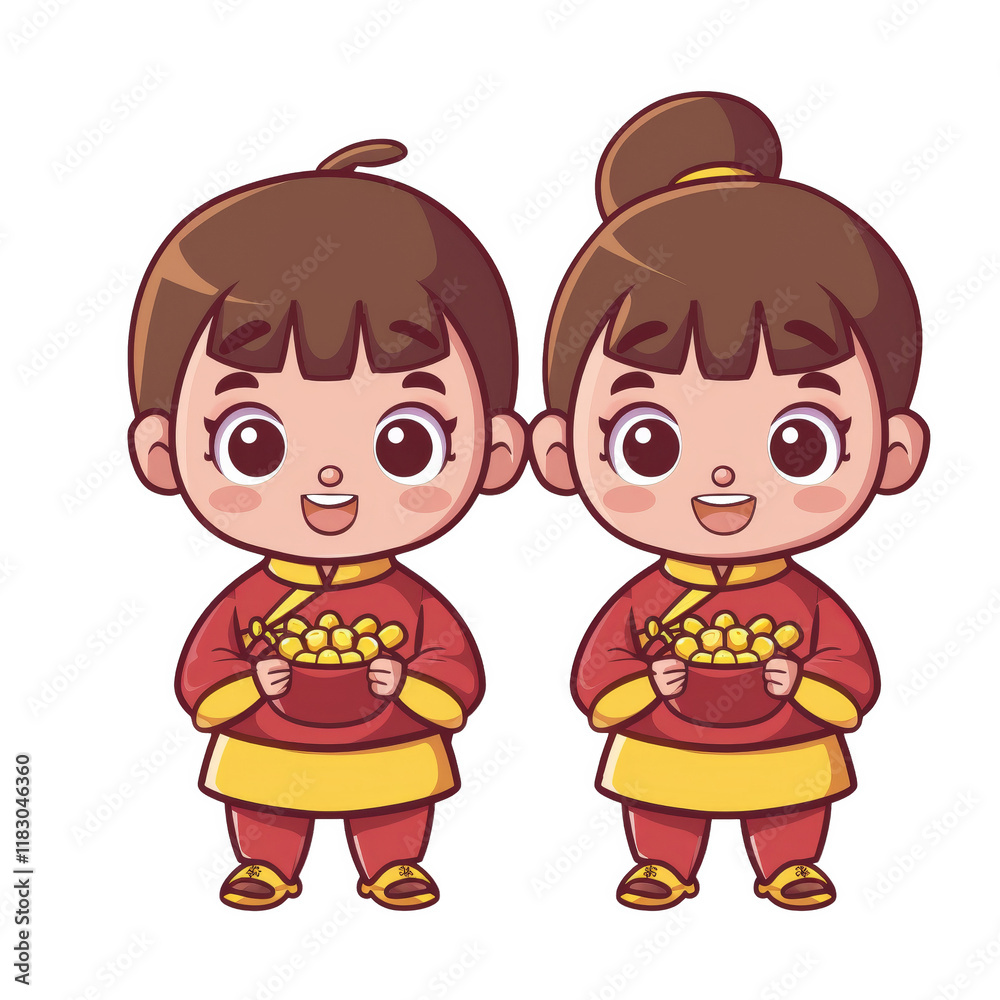 Two cartoon girls in traditional Chinese clothing holding bowls of gold coins. Two cartoon girls in traditional Chinese clothing holding bowls of gold coins.