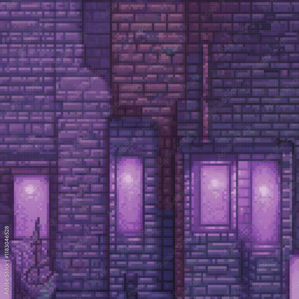 Pixel art of a vibrant brick building illuminated by a purple glow. Pixel art of a vibrant brick building illuminated by a purple glow.
