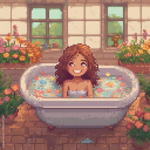 Cute pixel art girl enjoys a relaxing bath with blooming flowers.